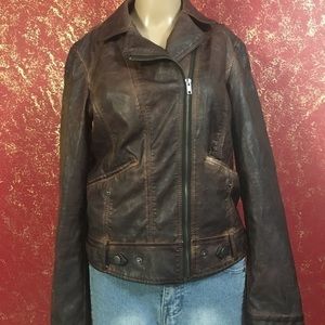 KUT FROM THE KLOTH Distressed Brown Faux Leather Motorcycle Jacket M